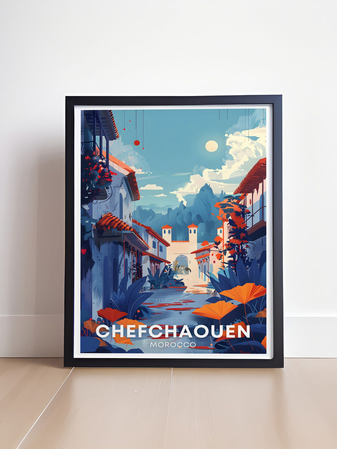 This travel poster of Chefchaouen Morocco captures the enchanting blue streets of the Medina, perfect for adding a touch of Moroccan charm to your decor. Featuring Chefchaouens iconic blue buildings, this poster brings the serene beauty of the Blue Pearl of Morocco into your home.