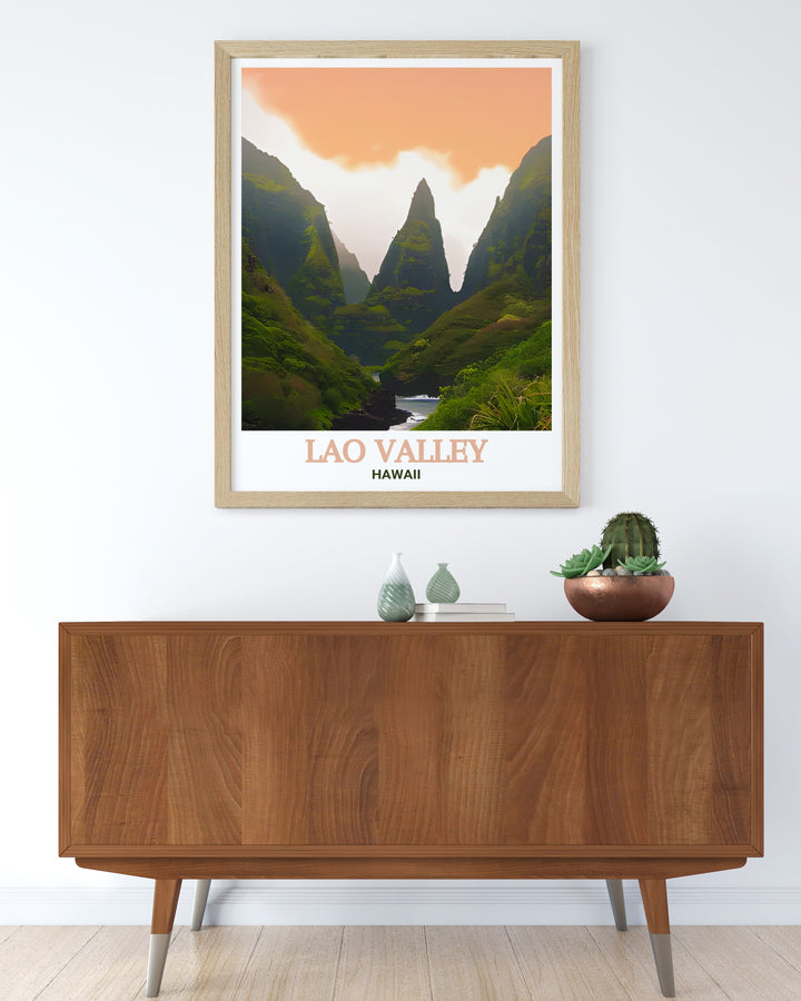 Experience the peace of Lao Valley with this Hawaii canvas art. The artwork captures the vibrant greenery and serene flow of the stream in Lao Valley State Park, ideal for those who cherish the beauty of nature.