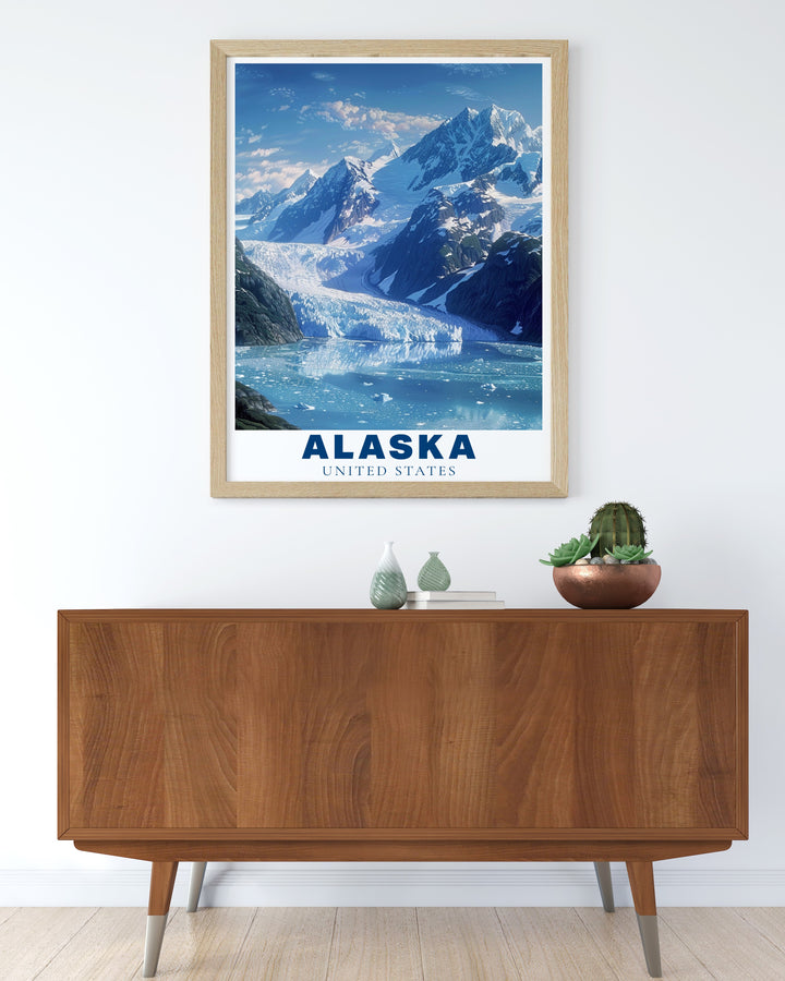 Celebrate the natural wonders of Alaska with our Glacier Bay travel poster. This detailed print features the iconic glaciers and landscapes of the national park, making it a great gift for adventurers or a stunning addition to any room. Bring the beauty of Alaskas wilderness into your home.