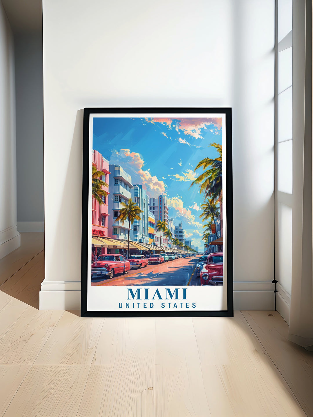 This Florida Travel Poster highlights Miamis Art Deco District, capturing the vibrant energy of the citys iconic buildings in a beautiful canvas print. Its a perfect way to bring the spirit of Miami into any room, from homes to offices.