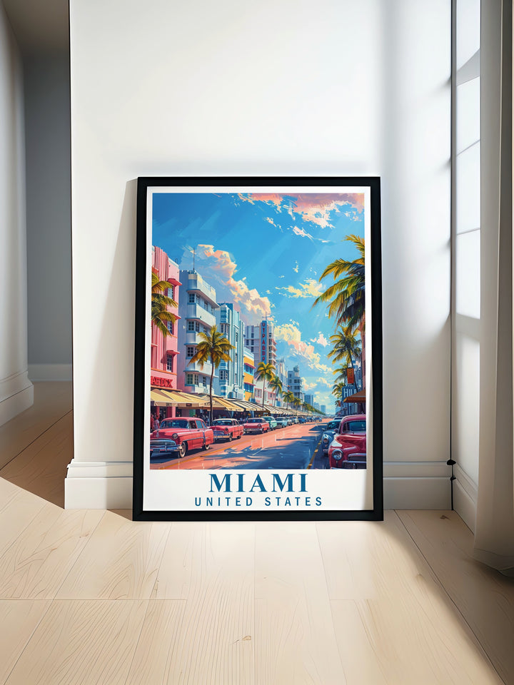 This Florida Travel Poster highlights Miamis Art Deco District, capturing the vibrant energy of the citys iconic buildings in a beautiful canvas print. Its a perfect way to bring the spirit of Miami into any room, from homes to offices.