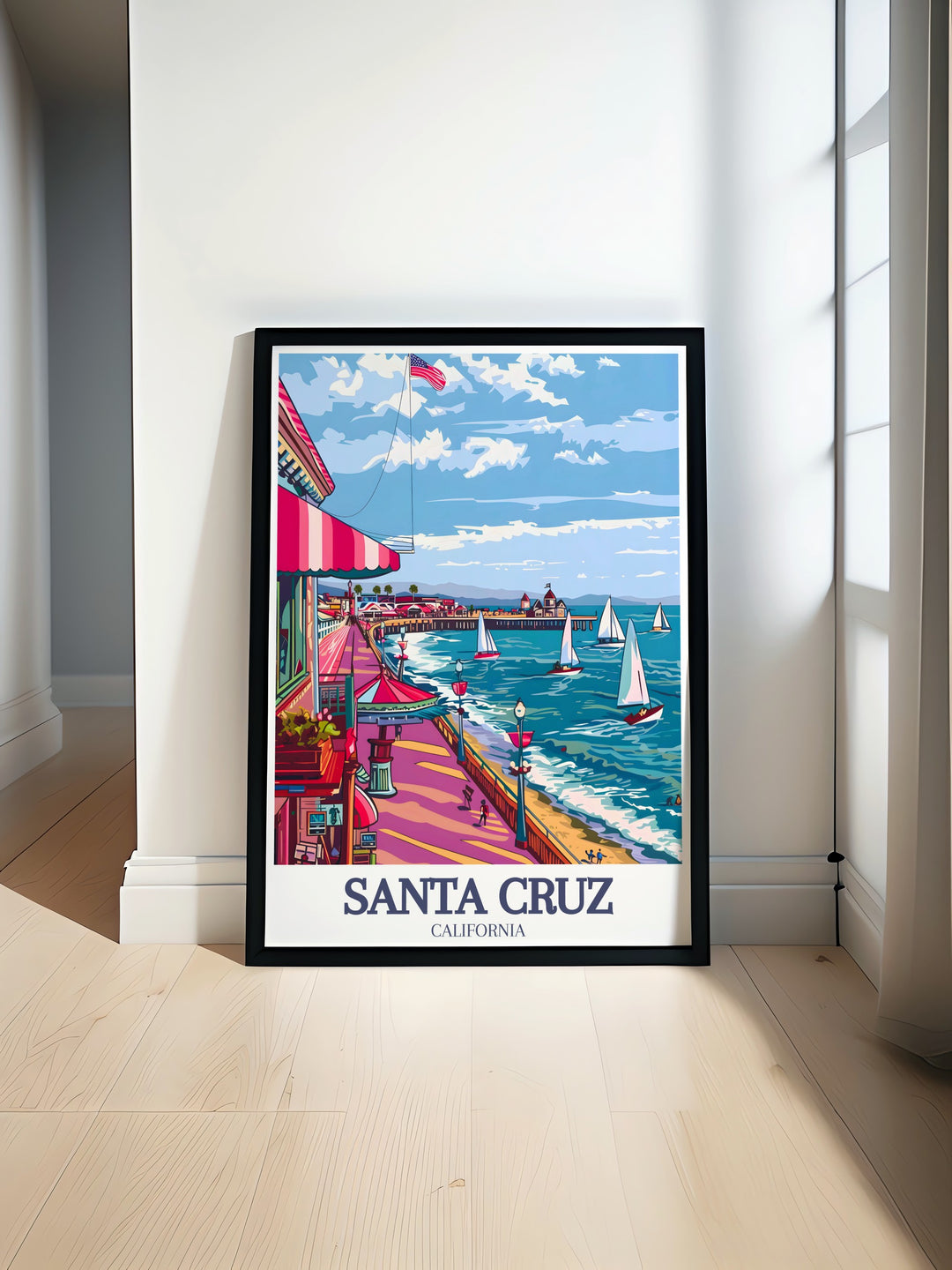 Santa Cruz Wharf and Santa Cruz Beach Boardwalk modern prints featuring vibrant coastal scenes perfect for California travel enthusiasts and lovers of Santa Cruz artwork ideal for elegant home decor or thoughtful California gifts.