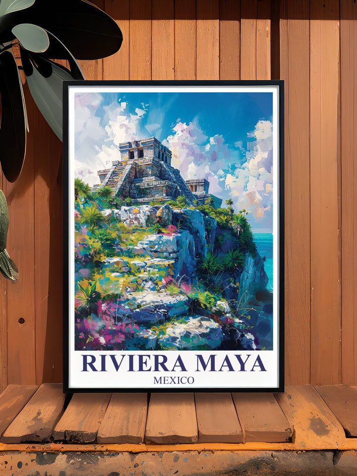 Add a touch of tropical elegance to your walls with this Riviera Maya poster print. The vibrant colors of the Tulum ruins and the nearby coastline are sure to brighten any room with a piece of Mexicos history.