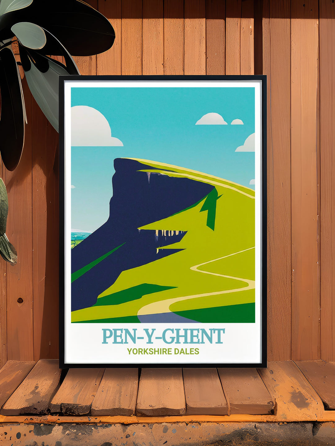 Yorkshire Dales travel poster showcasing the dramatic landscape of Pen Y Ghent and Pen Y Ghent Nose. This print brings the charm of Yorkshires natural beauty into your space, perfect for decorating living rooms, offices, or bedrooms. An ideal gift for outdoor lovers.