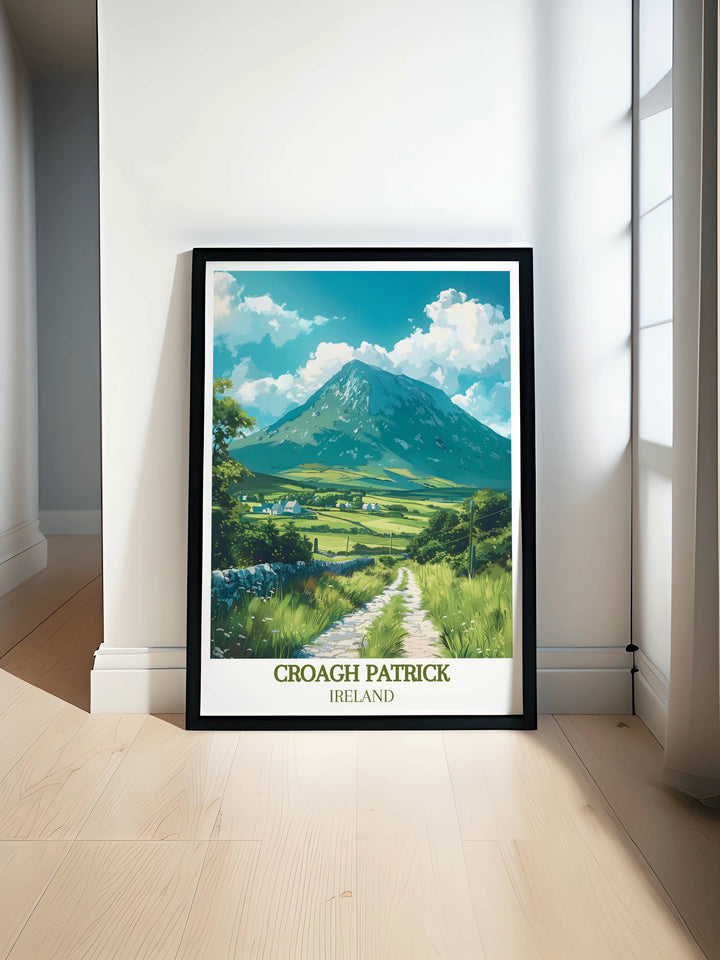 A stunning print of Croagh Patrick in County Mayo Ireland showcasing the breathtaking landscape and spiritual significance of The Reek Ireland with a beautiful representation of Tochar Phadraig making it an ideal piece for Irish wall art and travel enthusiasts.