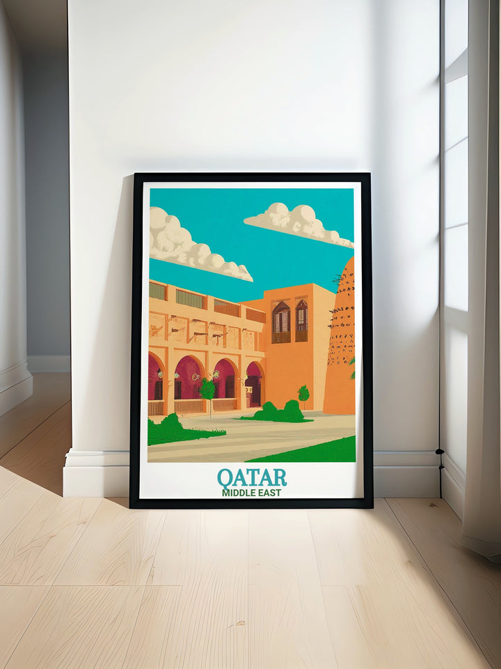 Travel print of Qatars Katara Cultural Village, capturing the stunning blend of tradition and modernity. This colorful artwork brings to life one of the Middle Easts most renowned cultural centers, perfect for art collectors and global travelers.