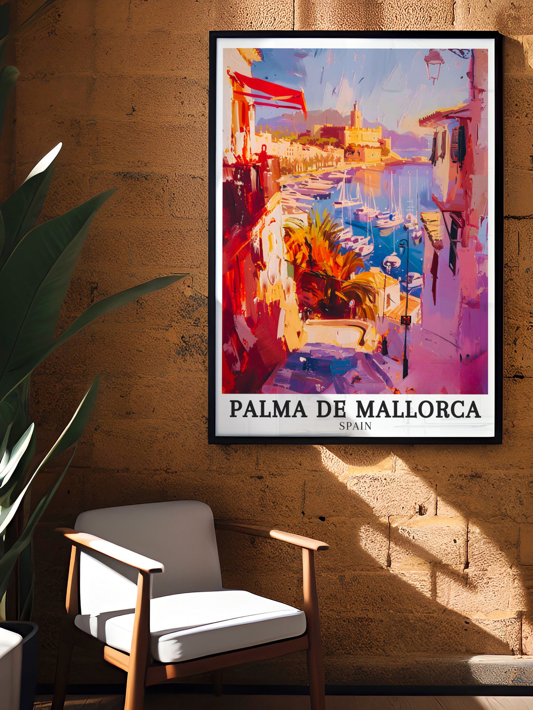 Beautiful Spain travel art depicting the lively Paseo Marítimo and the tranquil Palma Bay in Palma de Mallorca. The print brings the charm and beauty of this Mediterranean city into your living space, making it a timeless addition to any home decor