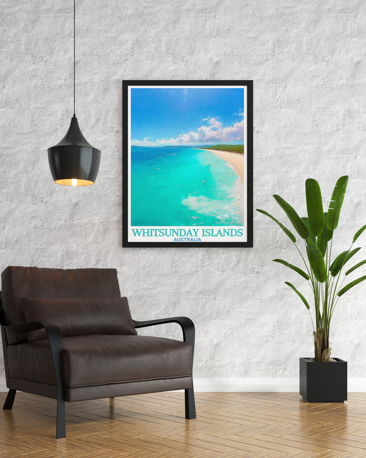 Beautiful Whitehaven Beach illustration showcasing the vibrant colors and serene landscapes of the Whitsunday Islands perfect for travel enthusiasts and those looking to add Australian charm to their home with this modern travel print.