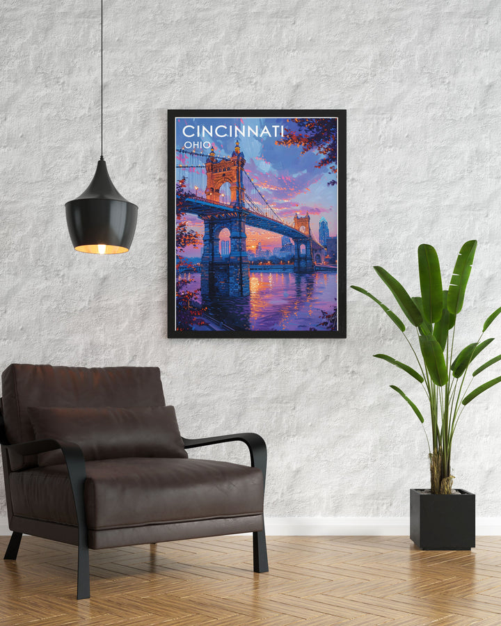 This vintage poster of the Roebling Suspension Bridge offers a minimalist yet striking representation of Cincinnatis most famous landmark. Perfect for those seeking a timeless and elegant piece of Ohio art for their home or office.