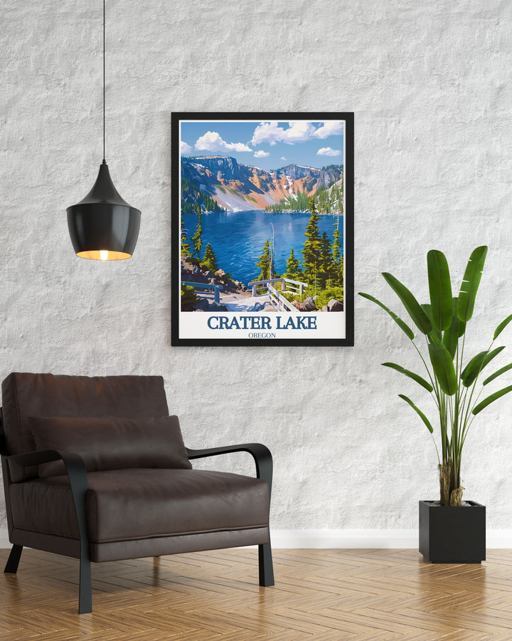 This poster showcases the picturesque shores of Crater Lake and the mystical allure of Wizard Island, adding a unique touch of Oregons historical and natural beauty to your living space.