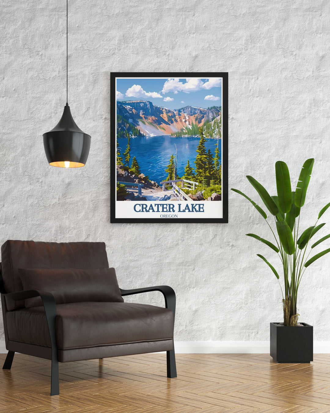 Discover the natural beauty of Crater Lake with this travel print, highlighting Cleetwood Cove and Wizard Island. Perfect for those who love exploring national parks, this canvas art adds a serene and adventurous touch to any room.