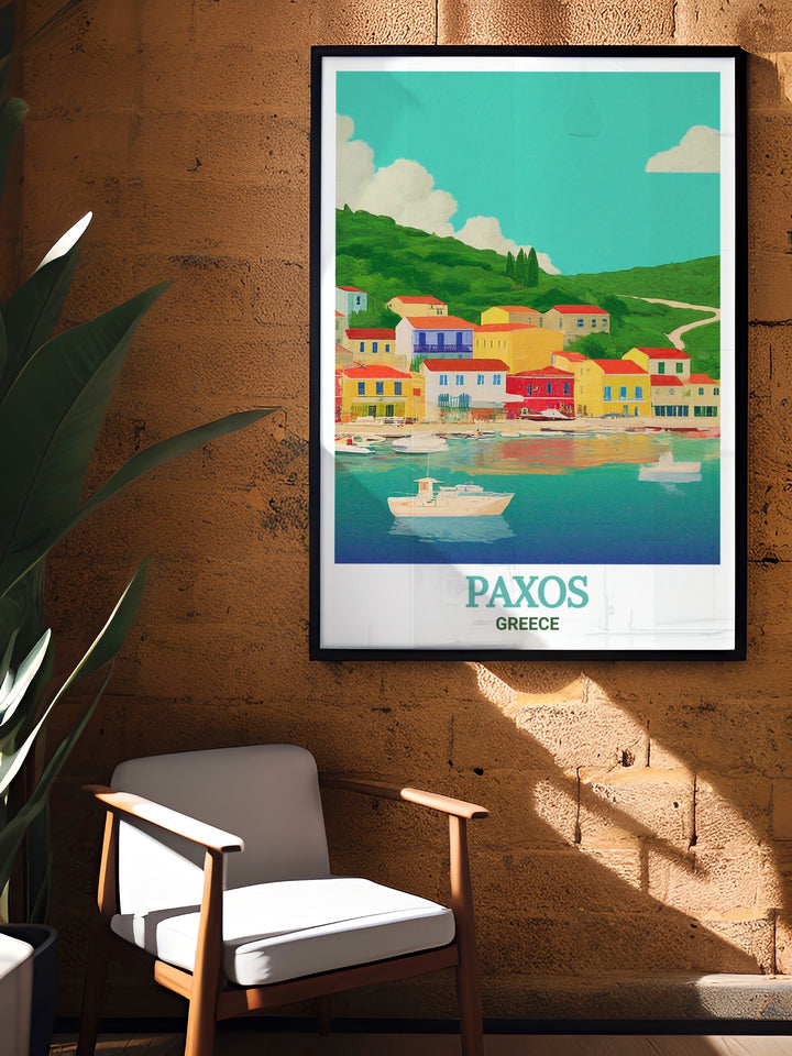 Beautiful Greece wall art featuring Gaios village on Paxos island adds a touch of elegance to your home decor perfect for anyone looking for Greece island art that combines modern digital illustration with the timeless charm of the Mediterranean