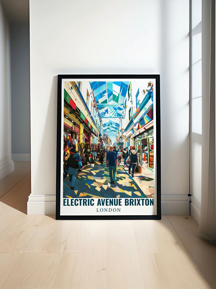 Brixtons diverse market culture and historic significance are celebrated in this poster, featuring the iconic Electric Avenue and inviting you to explore its colorful paths and lively scenes.