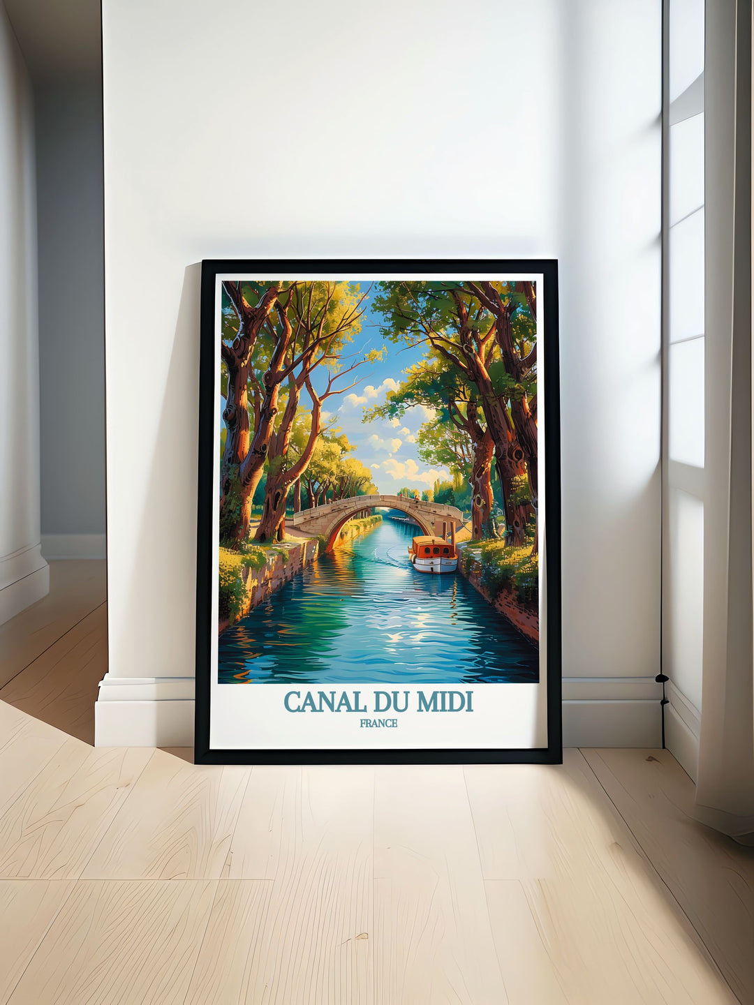 Canal du Midi vintage travel print showcasing the serene landscapes of Southern France including Beziers and Carcassonne perfect for any room