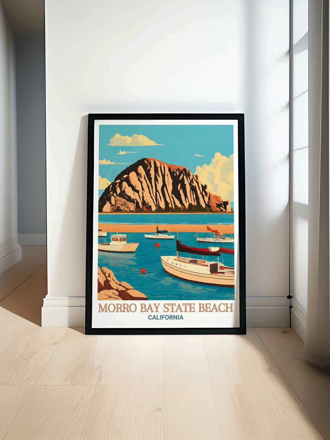 Experience the charm of Morro Bay with this travel poster, showcasing both the expansive Morro Bay State Beach and the lively harbor. The fine line details and vibrant palette make this print a perfect gift for California lovers.