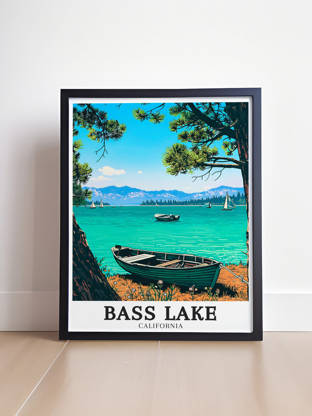 Experience the beauty of Bass Lake California with this vintage travel print highlighting the majestic Sierra Nevada Mountains and Sierra National Forest a stunning wall art piece for any Yosemite California enthusiast.