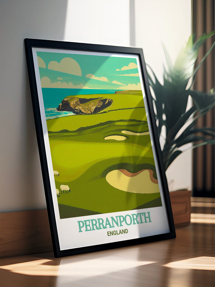 Stunning travel poster of Perranporth Golf Club, showcasing the breathtaking scenery of Perranporth in England. A perfect gift for golf enthusiasts and art lovers. The vibrant colors and intricate details capture the serene ambiance of this famous destination.