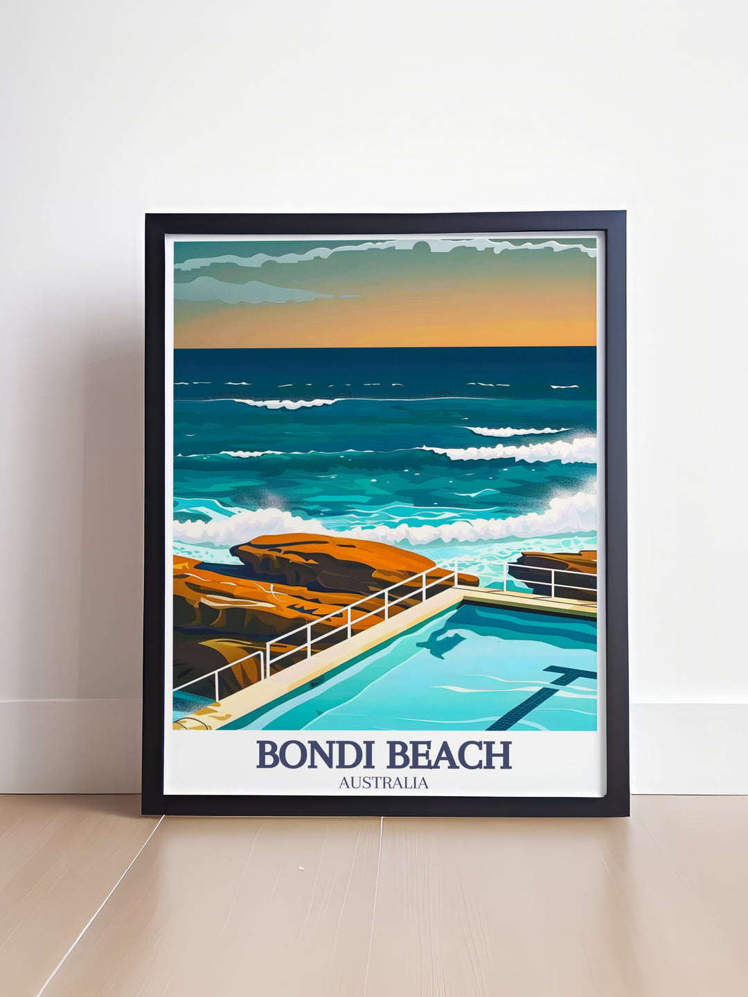 Retro travel poster of Sydney Harbour with detailed illustrations of the Sydney Opera House and Harbour Bridge. Bondi Icebergs pool Bondi digital print adding a splash of color and culture. Ideal for modern art lovers and those who appreciate Australia posters.