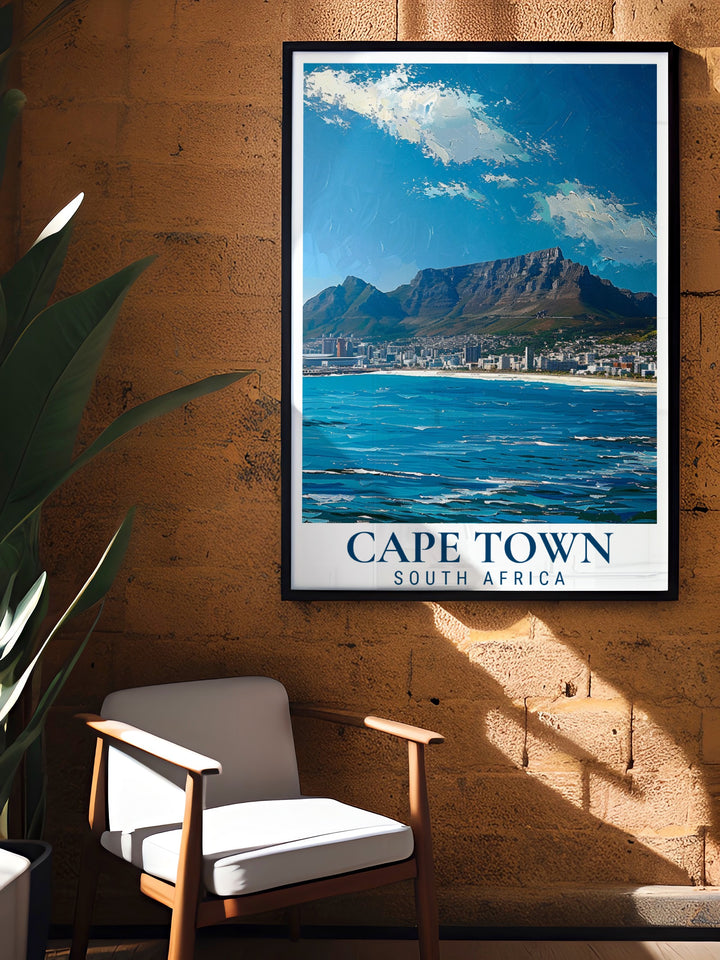 Add the beauty of South Africa to your home with a stunning Table Mountain art print. This retro travel poster is ideal for enhancing your living room or office decor with a touch of Cape Towns iconic landscape.