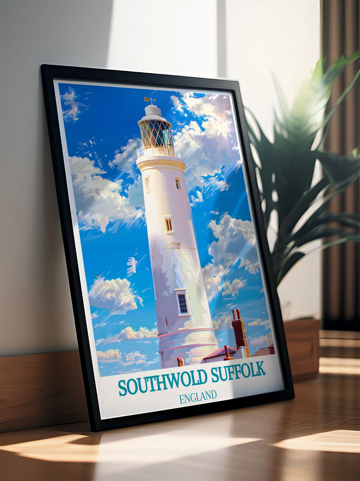 Explore the picturesque landscape of Southwold with this exquisite travel poster, illustrating the lighthouse and the surrounding coastal beauty.