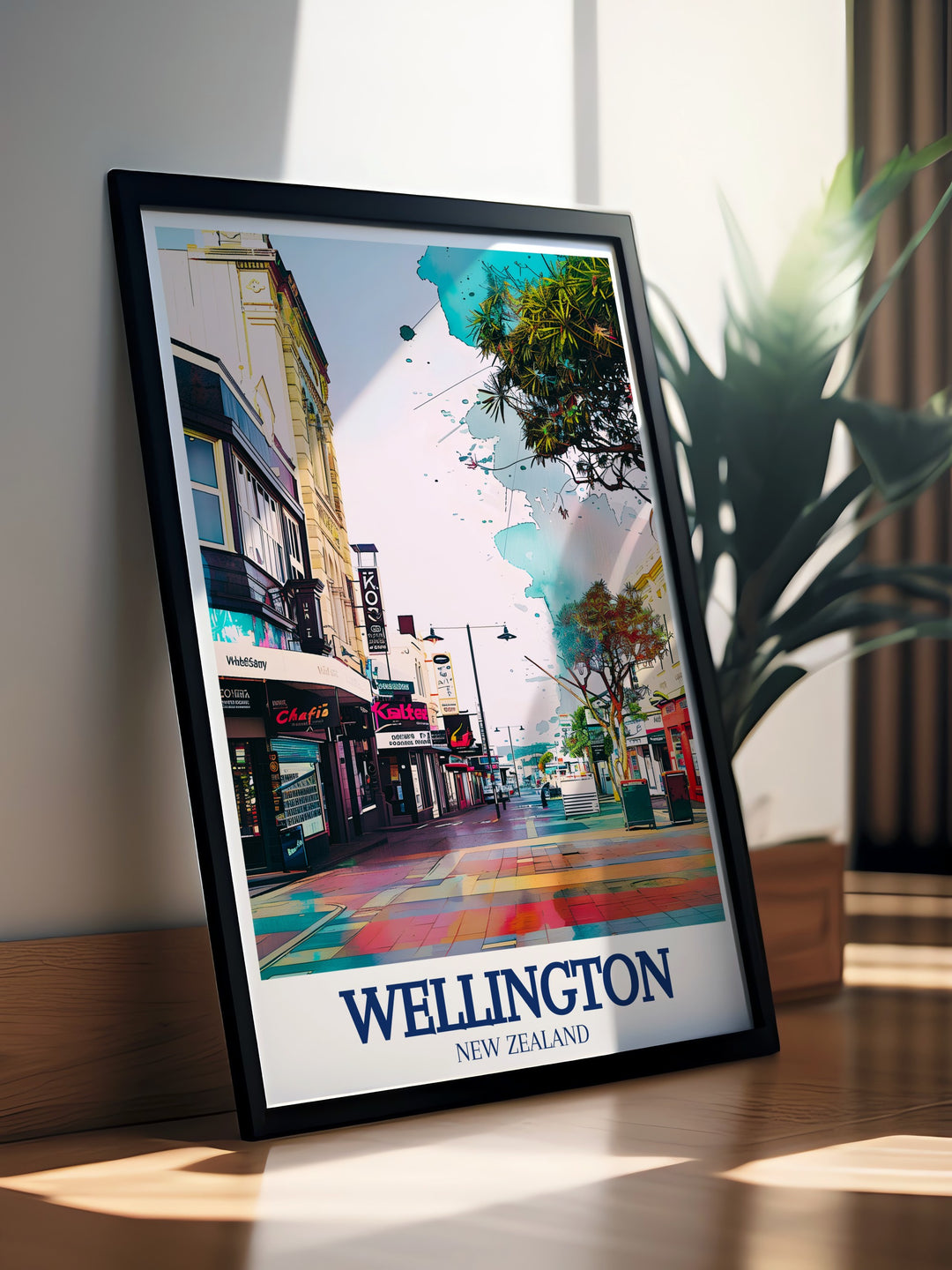 Cuba Street wall poster highlights the vibrant atmosphere of Wellingtons artistic hub. With colorful buildings and unique details, this artwork is perfect for adding a bold and stylish touch to your home décor, making it a thoughtful gift for lovers of New Zealand art.