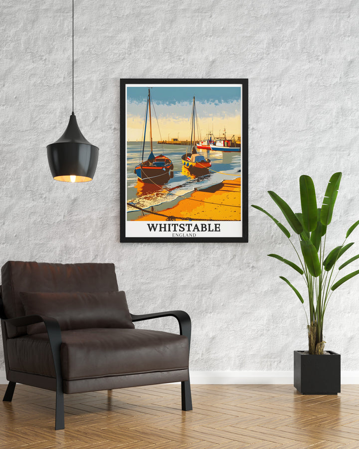 Travel poster of Whitstable Harbour showcasing its vibrant atmosphere and picturesque waterfront. This artwork highlights the beauty of this popular seaside destination, making it an ideal addition to any travel art collection.