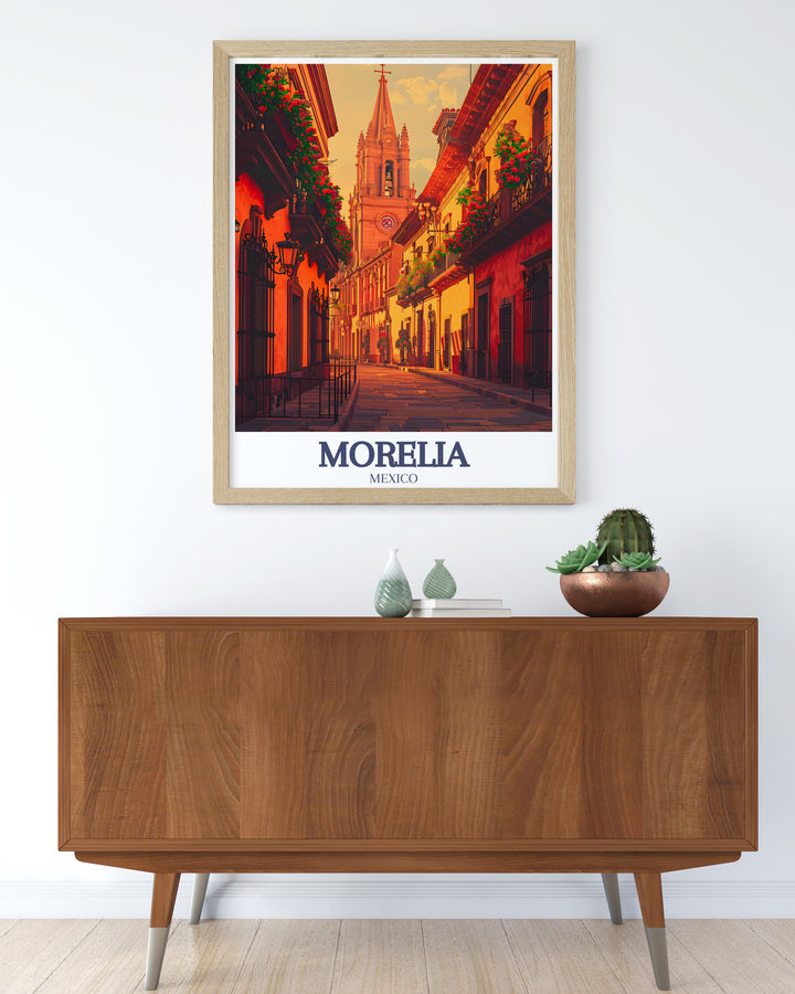 Celebrate the rich history of Morelia with this travel print, showcasing both the grandeur of the cathedral and the colorful alleys that run through the city. The detailed illustration and bold colors bring the essence of Morelia to life.