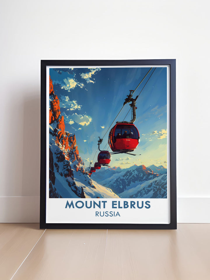 Retro Travel Poster featuring Mount Elbrus and the elegant presence of cable cars and chair lifts perfect for those who appreciate a blend of adventure and vintage aesthetics in their home decor