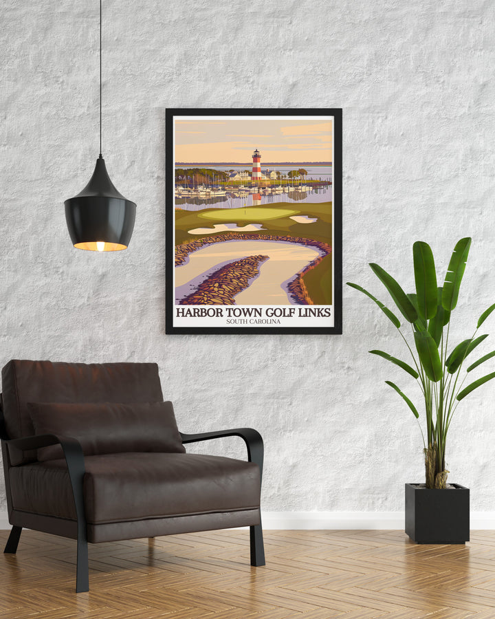 This Harbor Town wall print captures the spirit of the 18th hole at Harbor Town Golf Links, with the iconic lighthouse and Sea Pines Resort in the background. Perfect for golf fans, this travel art brings the courses beauty into any space.