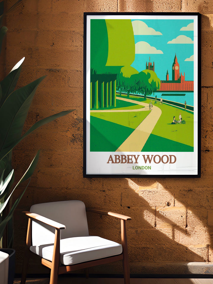 Thames Path Artwork capturing the serene beauty of South East London paired with the historic charm of Lesnes Abbey Woods a perfect choice for those looking to create a calming and inviting space in their home