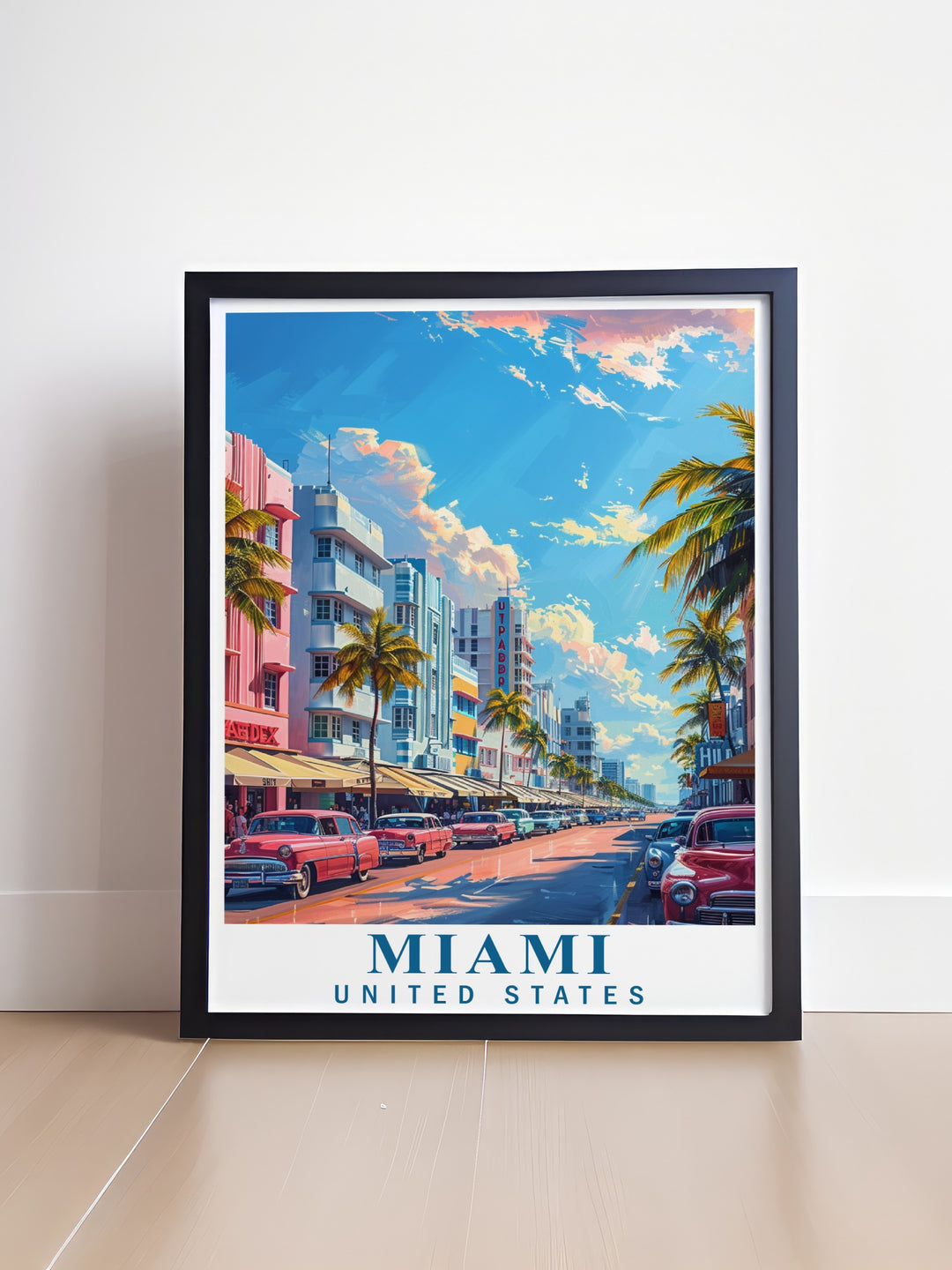 Featuring Miamis Art Deco District, this Florida Travel Poster captures the lively spirit of the city with its colorful pastel architecture and geometric patterns. A stylish way to decorate your space, this wall art is perfect for Miami lovers and architecture enthusiasts.