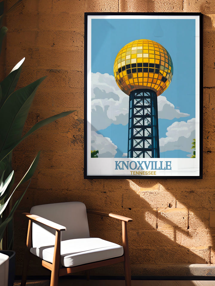 Tennessee wall print of the Knoxville Sunsphere, standing tall and proud against the citys skyline. This vintage style poster brings a sense of nostalgia and is perfect for anyone who loves Knoxvilles rich history and vibrant culture.