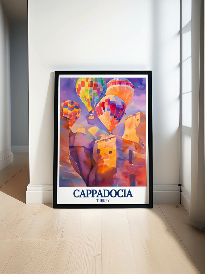 Derinkuyu, one of Cappadocias most famous underground cities, is brought to life in this vibrant travel poster. Perfect for those who appreciate Turkish history, this artwork makes a striking addition to any home decor collection.