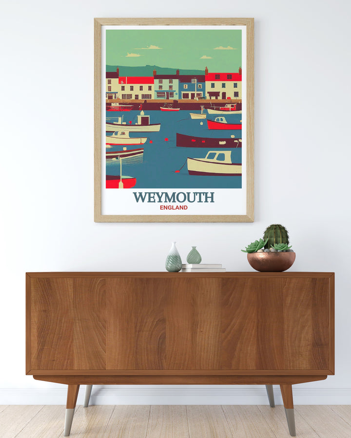 Weymouth Harbour scenic print depicting the busy quayside and serene waterfront. This print brings the lively and joyful essence of Weymouth Harbour into your home, perfect for beach lovers and travellers.