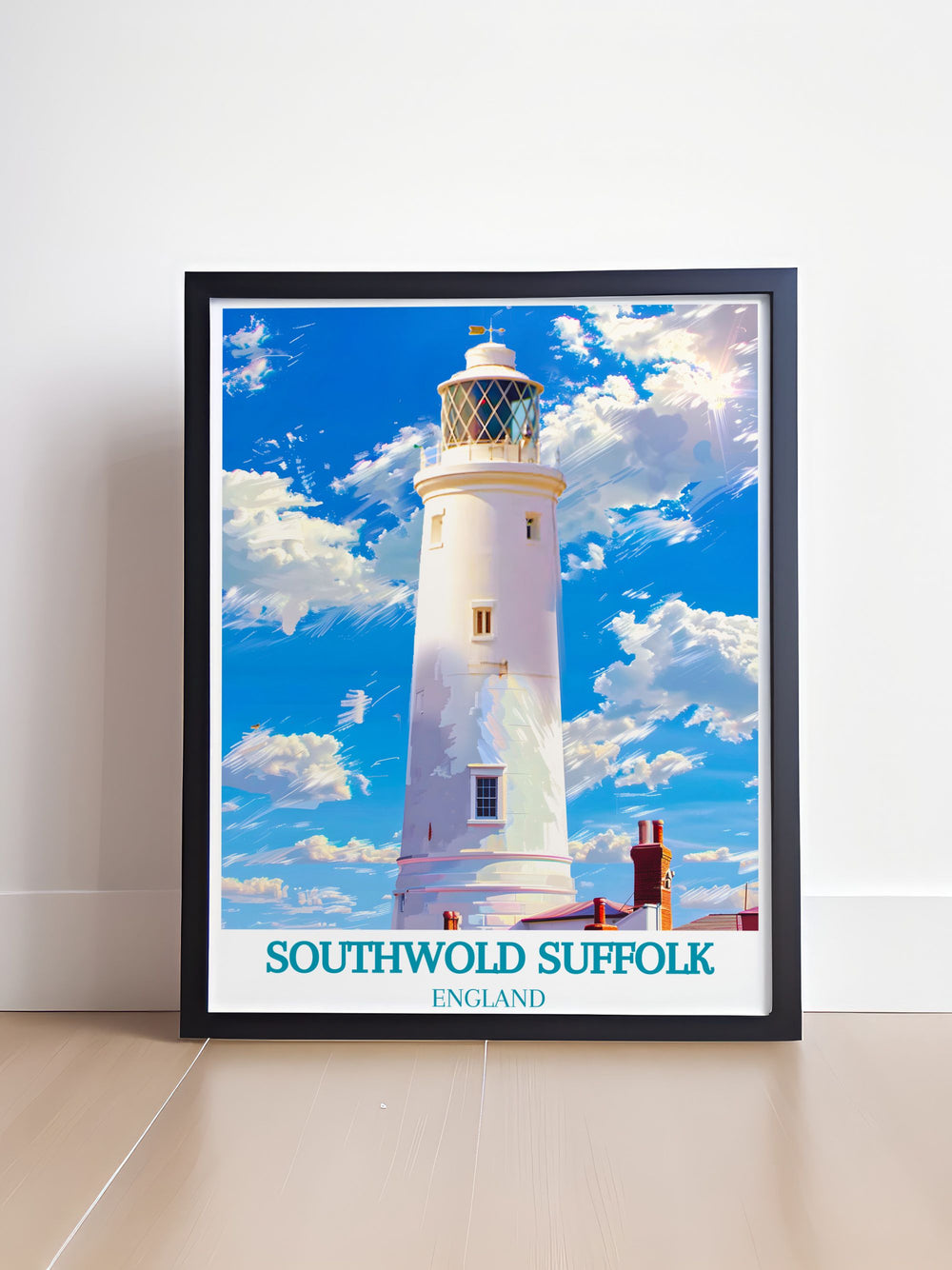 Immerse yourself in the scenic wonders of Southwold with this travel poster, featuring the lighthouse and the picturesque coastline.