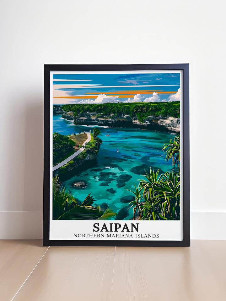 Banzai Cliff travel wall art showcasing the dramatic cliffs and crystal clear waters of the Pacific Ocean in Saipan. These art pieces are a beautiful addition to home decor, offering a visual escape to the tranquil beauty of Banzai Cliff. Ideal for nature lovers, these prints bring the charm of the Mariana Islands into your living space.