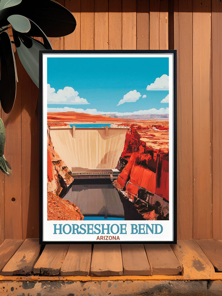 Capture the awe inspiring views of Horseshoe Bend and Glen Canyon Dam with this travel print, a perfect representation of Arizonas desert landscapes and the wonders of the Grand Canyon region.