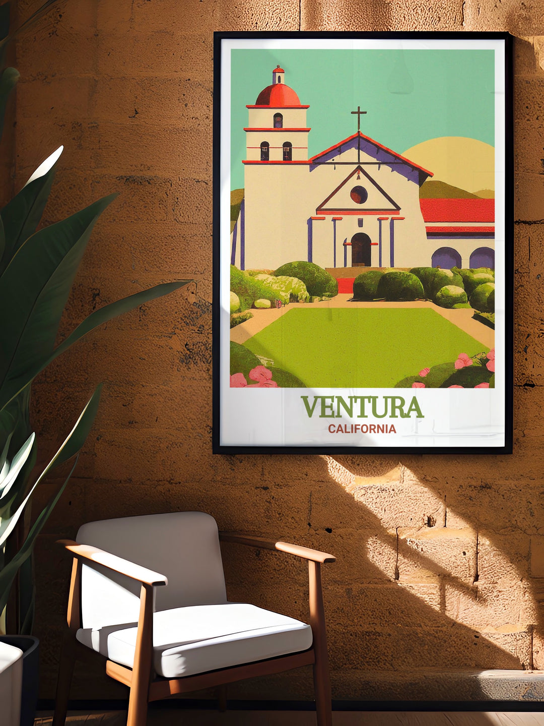 This matted fine line print of Ventura County, California, captures the essence of the regions history with a focus on the Mission San Buenaventura. The monochromatic design adds a touch of modernity while celebrating the areas cultural heritage, making it a perfect piece for home decor or a special gift.