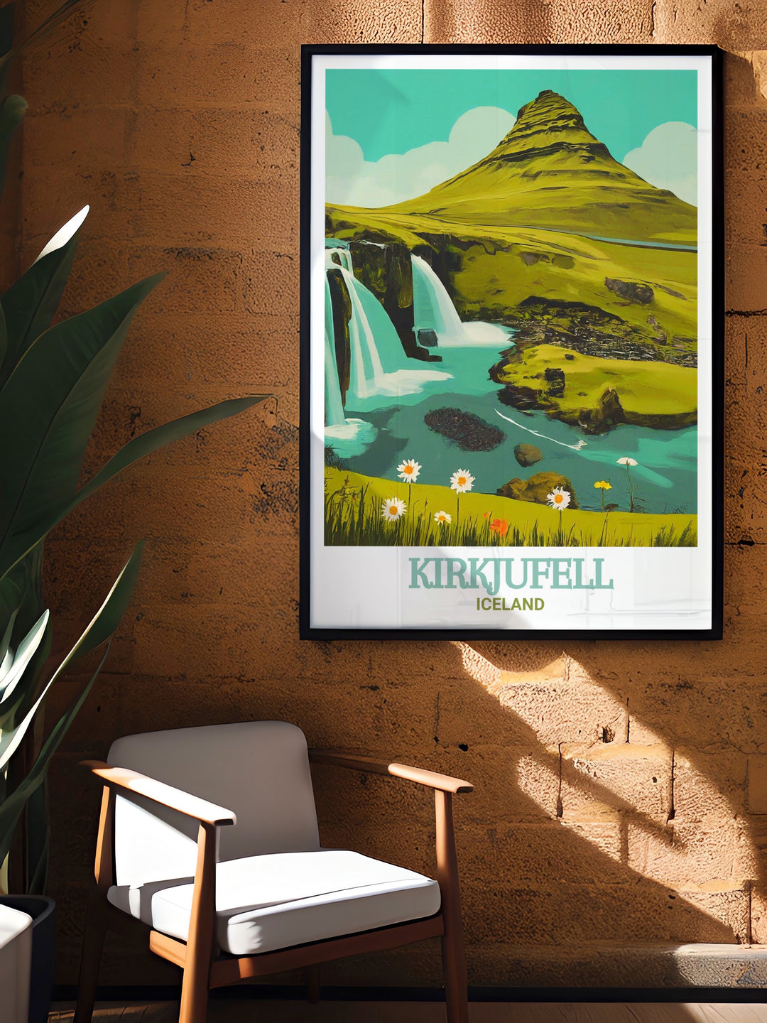 Kirkjufell Vintage Poster reflecting the timeless appeal of Kirkjufell mountain and the surrounding Icelandic scenery in a classic, vintage style design. This poster is ideal for those who love traditional travel art and want to celebrate Icelands unique landscapes in their home décor.