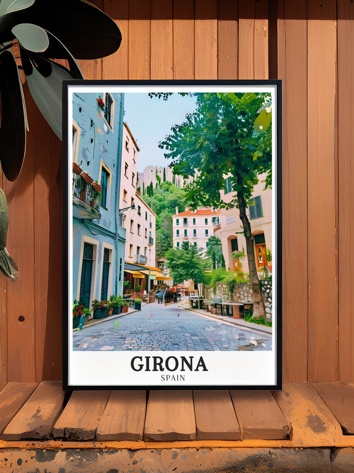 Captivating Girona artwork portraying the historic Old Town of Girona in Catalonia. The print emphasizes the architectural beauty and cultural significance of this ancient district, perfect for bringing a touch of Spanish heritage into your living space