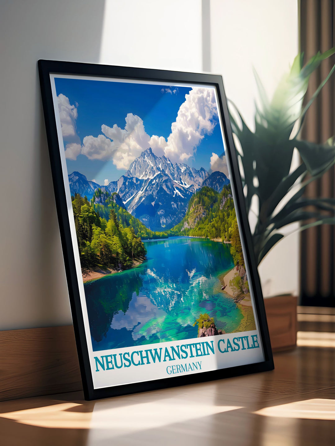 Featuring the scenic vistas of Neuschwanstein Castle, this poster offers a visual representation of one of Germanys most beautiful and iconic landmarks, ideal for those who cherish cultural and historical destinations.