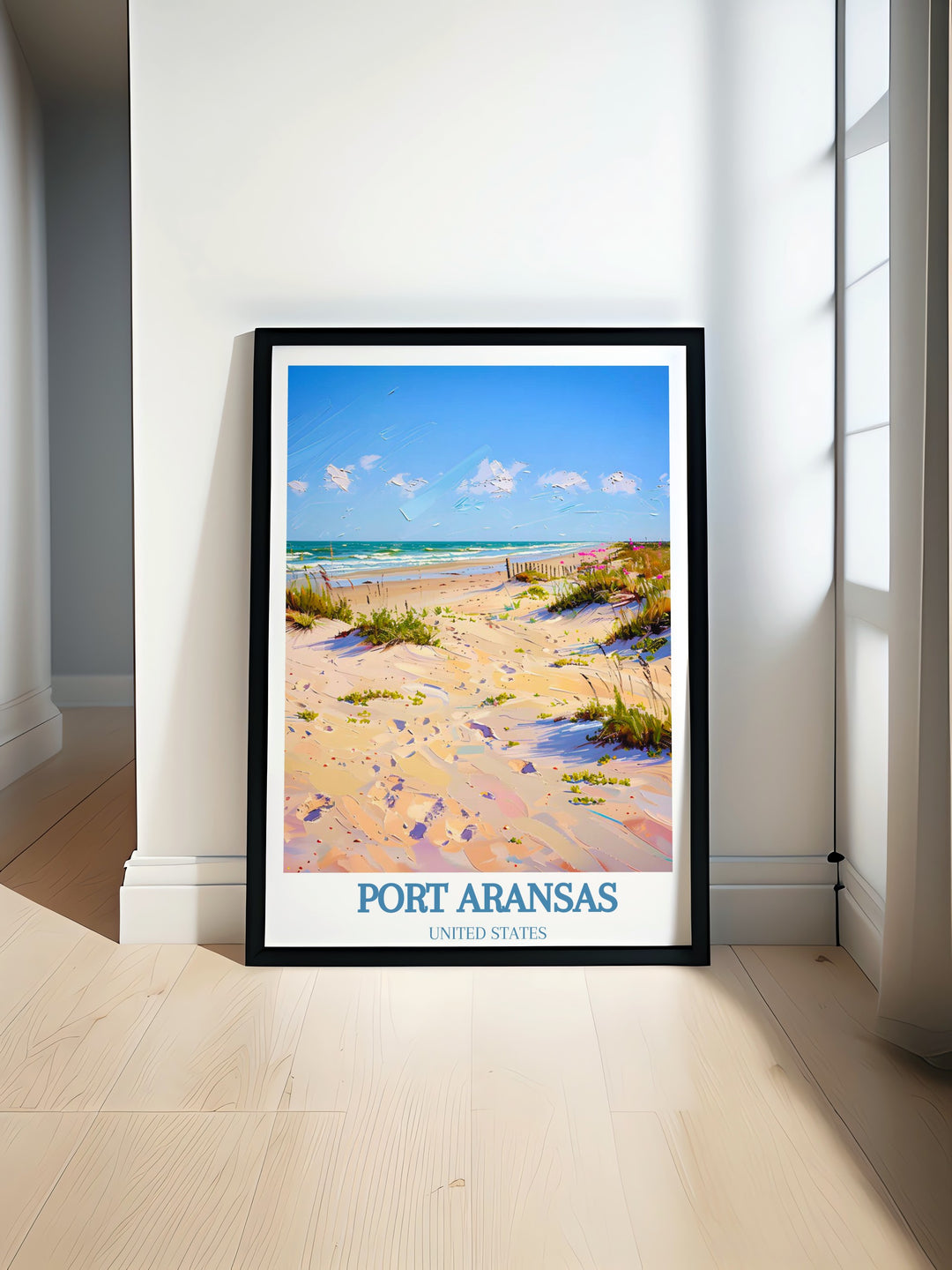 Celebrate the charm of Port Aransas with this beautiful art print. The piece captures the towns vibrant community and stunning seascapes, offering a touch of Texas coastal charm to your home.