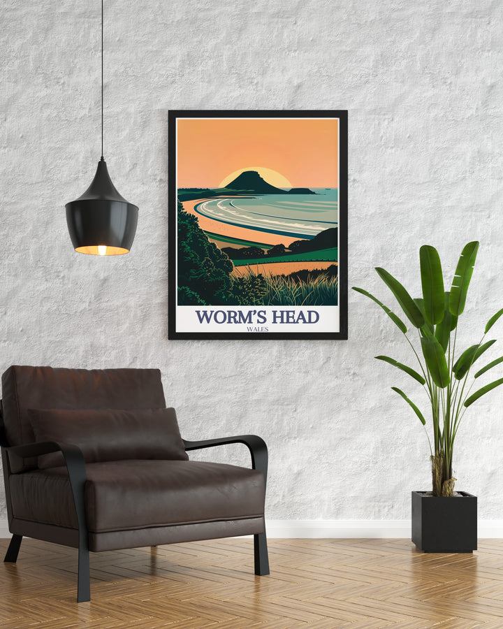 Rhossili Bay Art Print features the stunning coastline of Wales, with Worms Head prominently featured in the distance. This canvas art is ideal for anyone who appreciates the beauty of the UKs coastlines, offering a peaceful and scenic addition to your home or office décor.