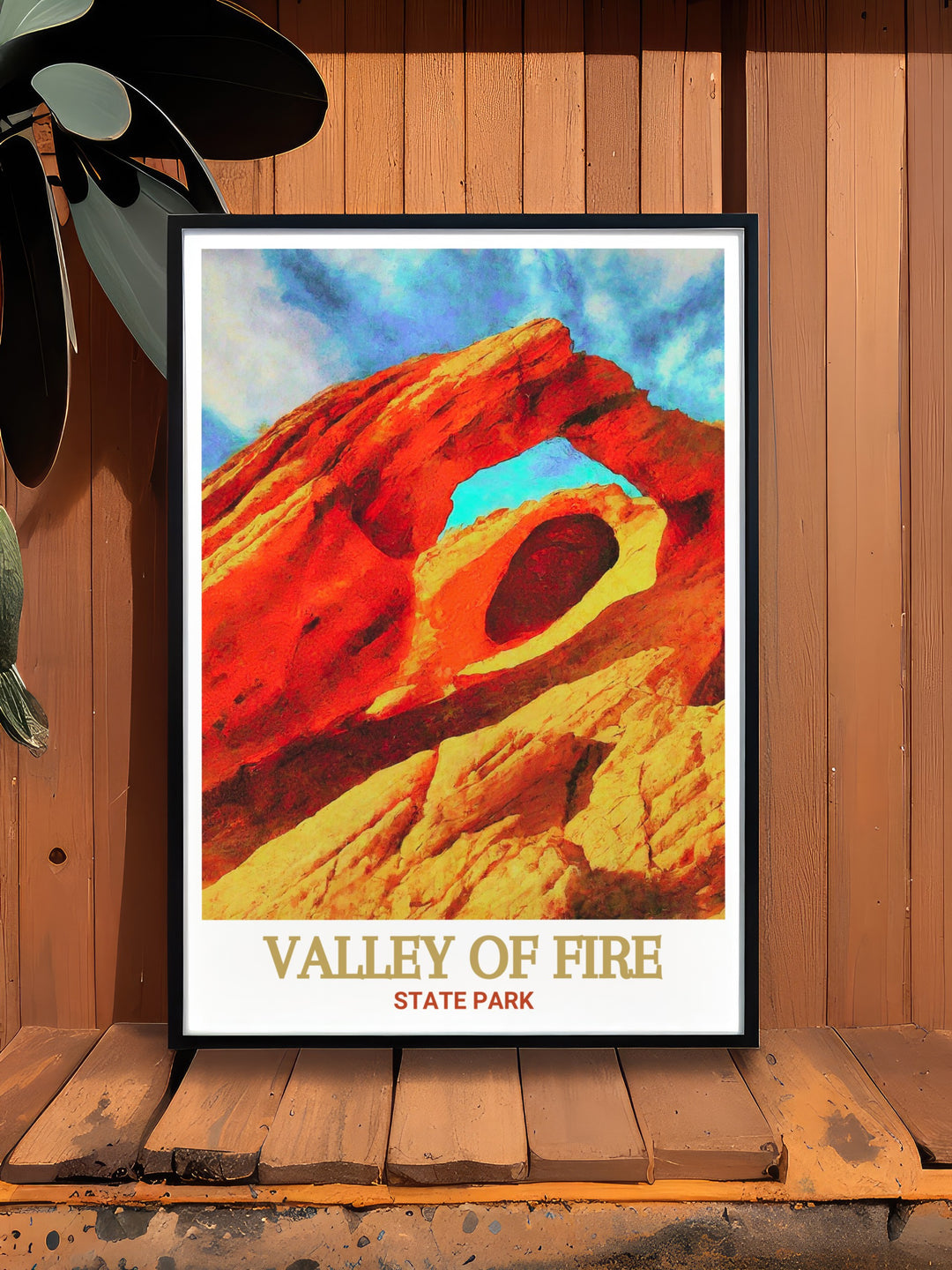 Scenic poster of Arch Rock in Valley of Fire State Park, capturing the essence of Nevadas desert landscape. The vibrant colors and precise details make this print a perfect addition to any home or office decor.