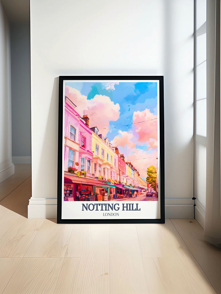 A bold and colorful Notting Hill Travel Poster celebrating the iconic Portobello Road. This fine art print captures the lively market and streets of Notting Hill, making it a great addition to any wall or a thoughtful gift for London enthusiasts.