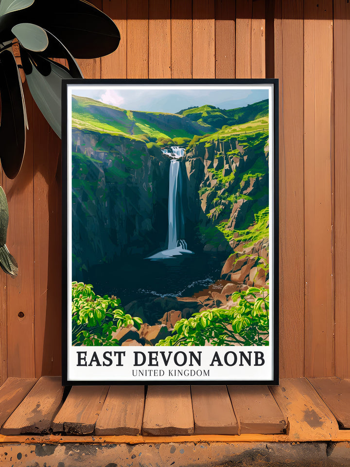 Classic Spekes Mill Mouth Waterfall Modern Art capturing the natural beauty of East Devon with detailed depiction of the waterfall surrounded by the lush landscape creating an elegant home decor piece that stands out