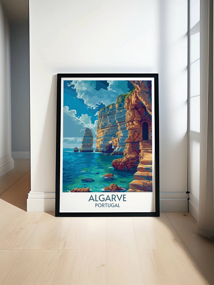 Ponta da Piedade print showcasing the stunning rock formations and crystal clear waters of this iconic Algarve landmark. Perfect for adding a touch of natural beauty to your home or as a thoughtful gift for any occasion.