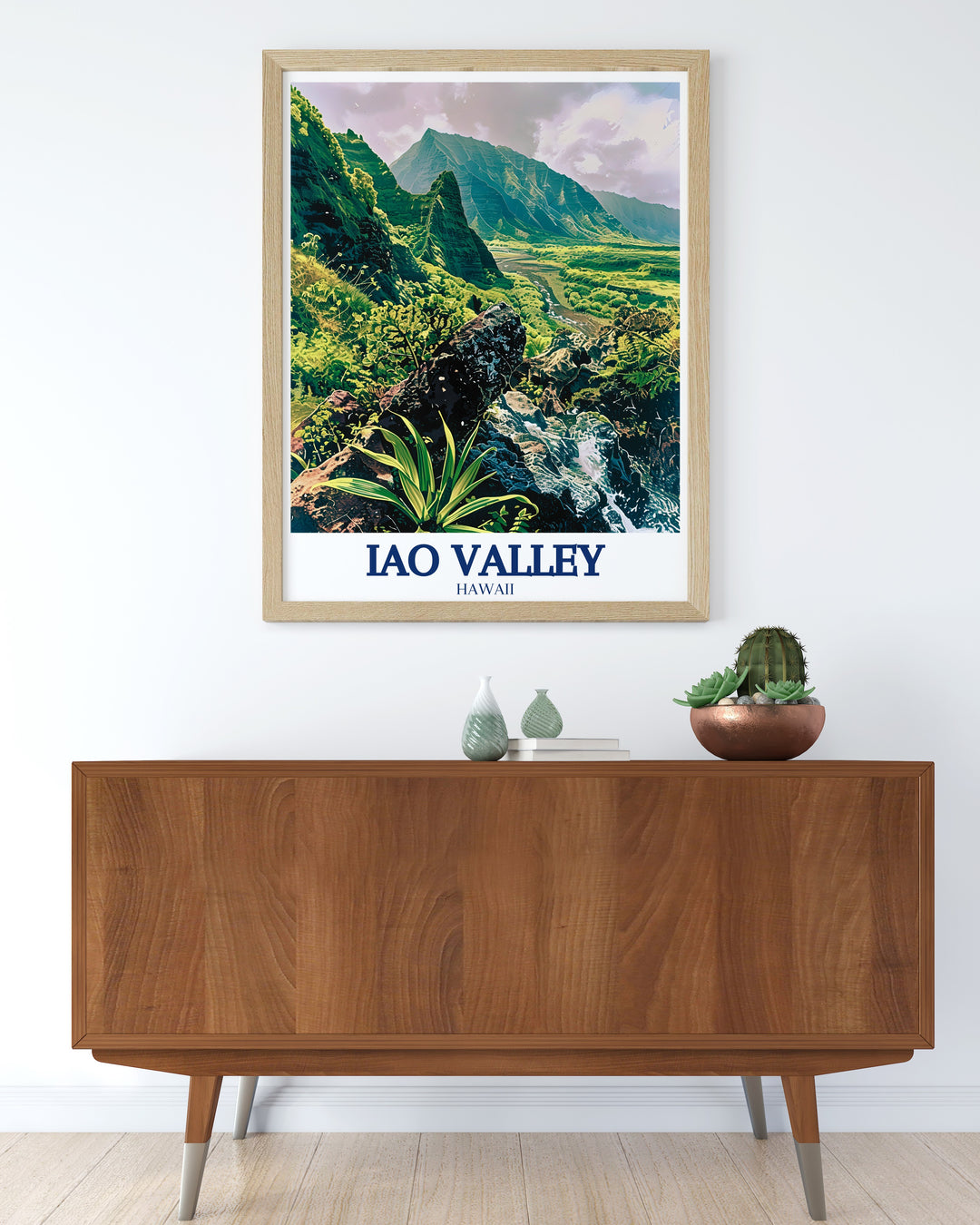 The Iao Needle stands tall in this Iao Valley travel print, set against the vibrant backdrop of Mauis lush landscape. The peaceful Iao Stream adds to the beauty of the scene, making this canvas art a perfect piece to inspire tranquility and adventure in any space.