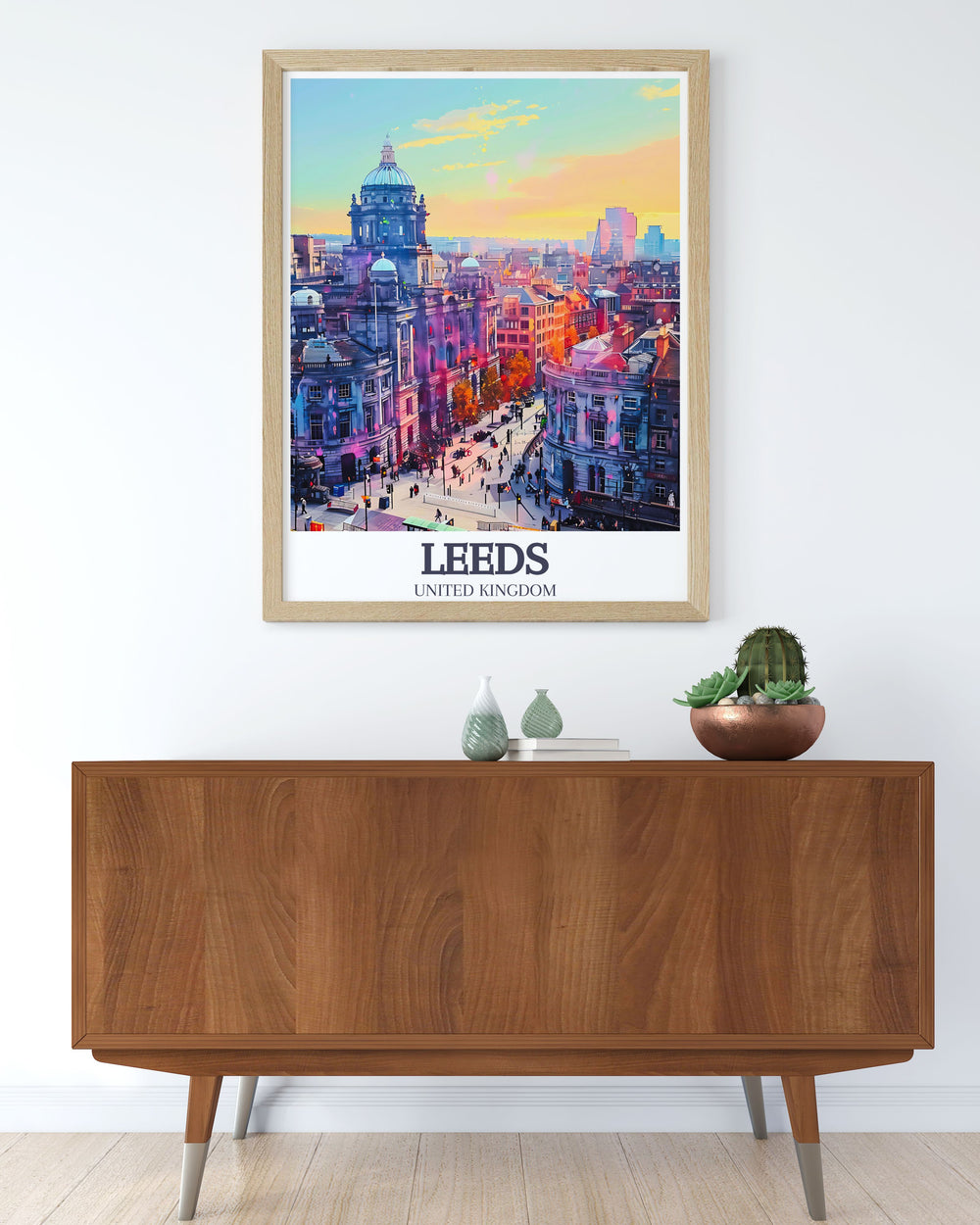 Elegant Leeds Corn Exchange and Briggate High Street poster featuring detailed artwork of historic landmarks in Leeds. Perfect for adding a touch of England charm to any room with this beautiful Leeds wall art and Leeds Corn Exchange vintage print.