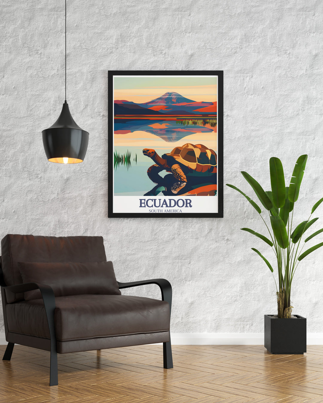 The Cotopaxi Volcano and Galapagos Islands come to life in this stunning Travel Poster, designed to capture the essence of Ecuador. This wall art brings a sense of adventure and natural beauty to any room, making it a great gift or keepsake for those who love to explore.